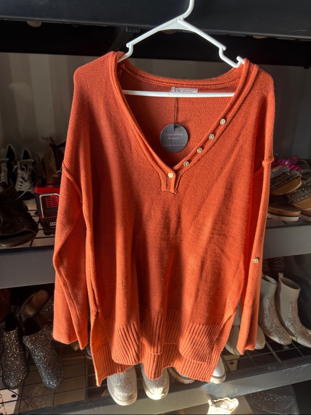 Ces Femme Burnt Orange V-Neck Sweater with Button Detail